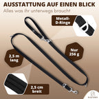 Schwarze HAVERO Hundeleine mit 2,5 m Länge, Metallringen und 2,5 cm breitem Gurtband, 256g Gewicht