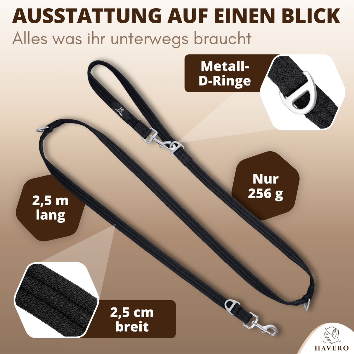 Schwarze HAVERO Hundeleine mit 2,5 m Länge, Metallringen und 2,5 cm breitem Gurtband, 256g Gewicht