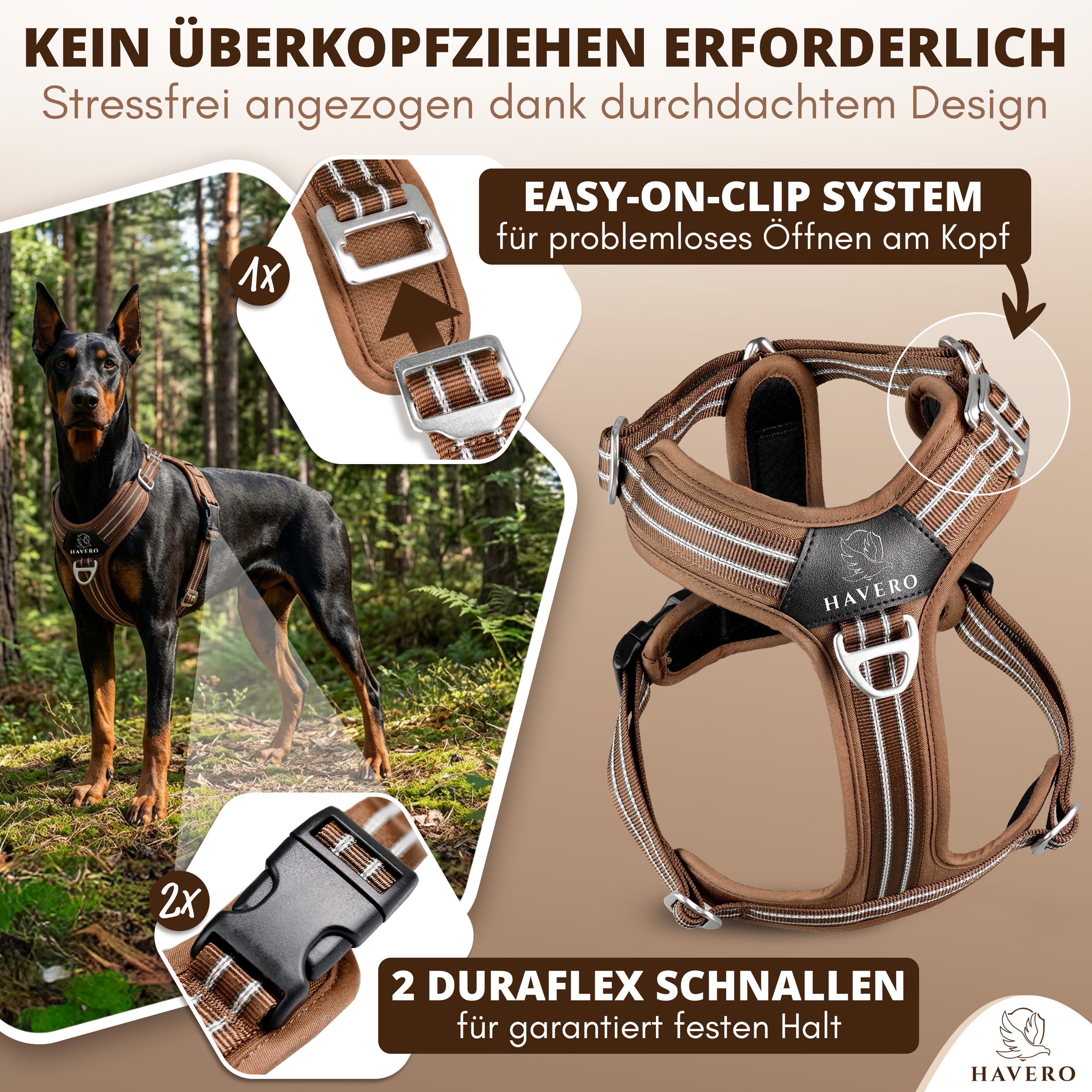 Braunes HAVERO Hundegeschirr mit Easy-On-Clip am Hals und zwei Duraflex-Schnallen