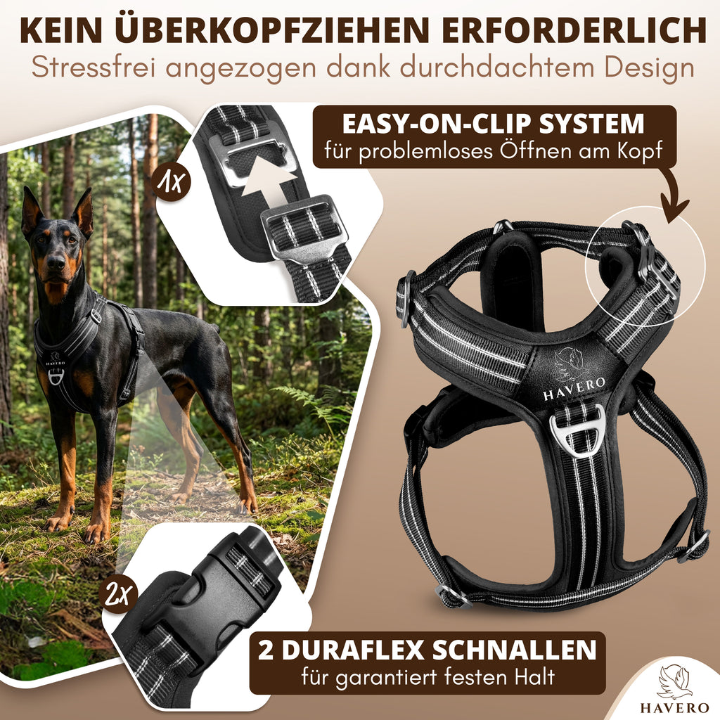 Schwarzes HAVERO Hundegeschirr mit Easy-On-Clip am Hals und zwei Duraflex-Schnallen