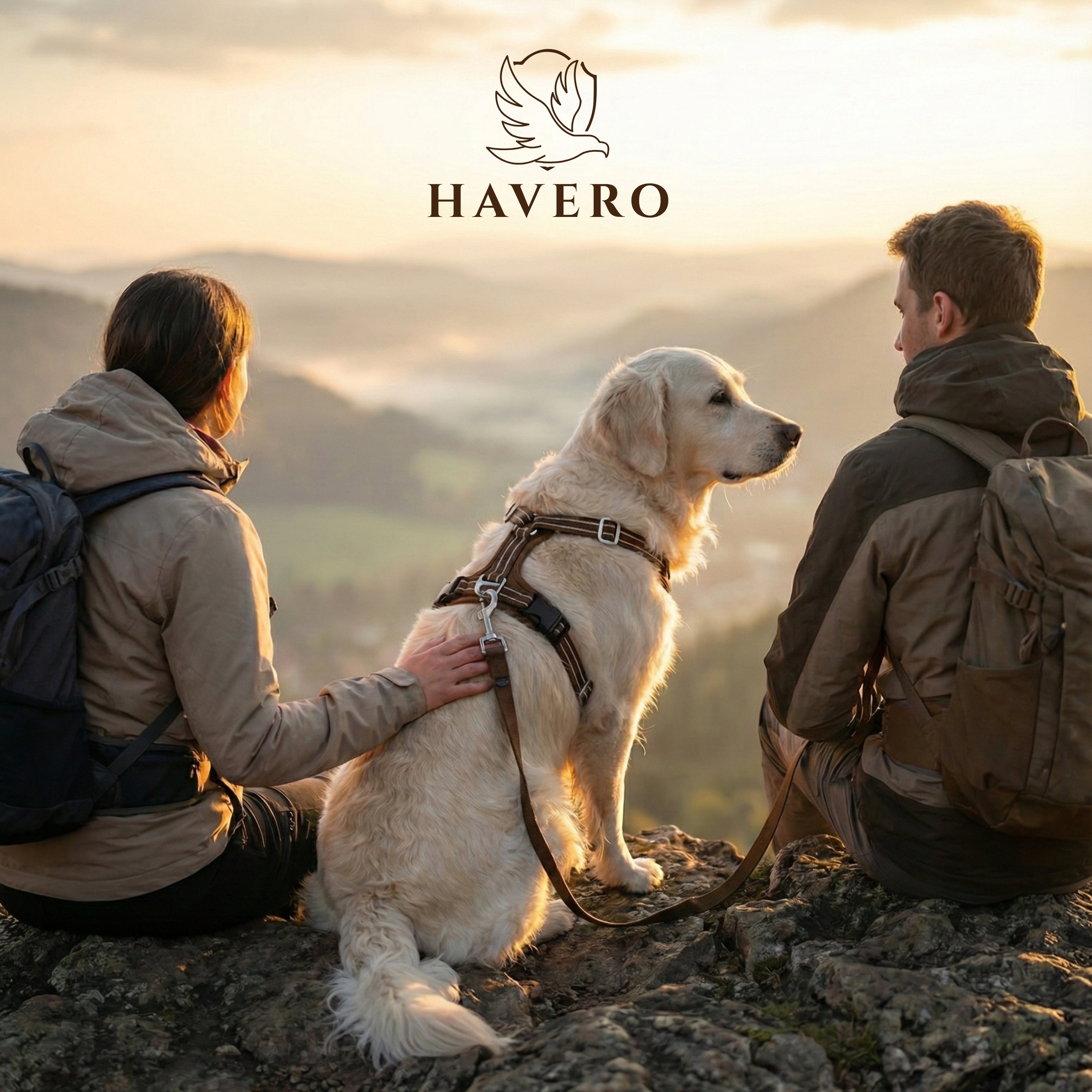 Golden Retriever mit braunem HAVERO Hundegeschirr bei einer Wanderpause auf einer Bergspitze
