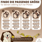 Größentabelle für das braune HAVERO Hundegeschirr in S bis XL mit Hals- und Brustumfang sowie Bruststeglänge