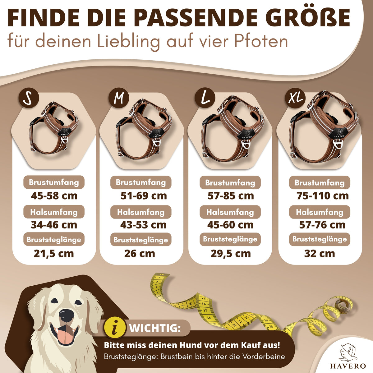 Größentabelle für das braune HAVERO Hundegeschirr in S bis XL mit Hals- und Brustumfang sowie Bruststeglänge