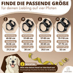 Größentabelle für das schwarze HAVERO Hundegeschirr in S bis XL mit Hals- und Brustumfang sowie Bruststeglänge