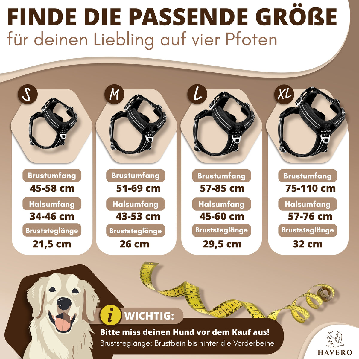 Größentabelle für das schwarze HAVERO Hundegeschirr in S bis XL mit Hals- und Brustumfang sowie Bruststeglänge