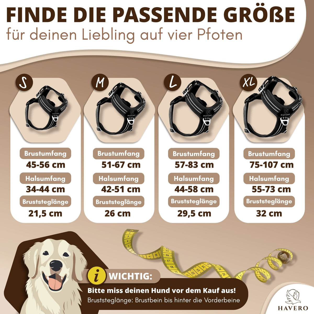 Größentabelle für das schwarze HAVERO Hundegeschirr in S bis XL mit Hals- und Brustumfang sowie Bruststeglänge