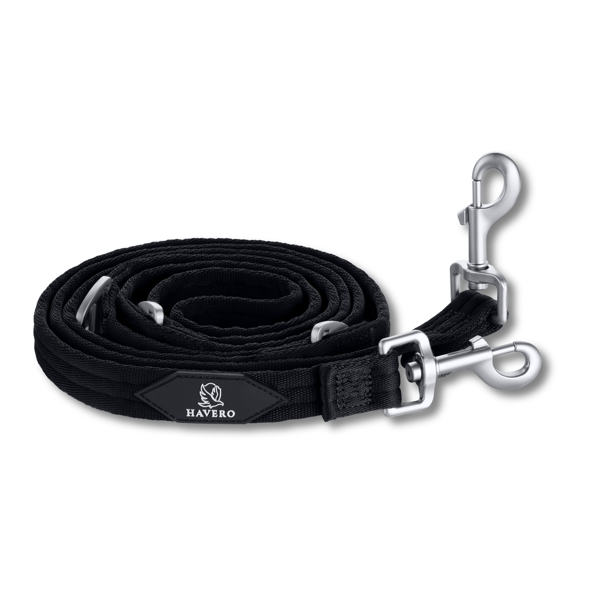 Schwarze HAVERO Hundeleine mit Karabinern und Verstellringen Freisteller