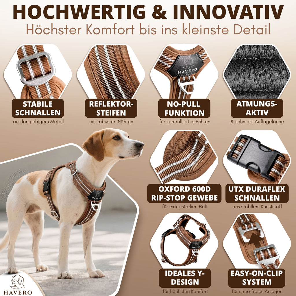 Produktdetails des braunen HAVERO Hundegeschirrs mit Easy-On-Clip, Reflektorstreifen, Y-Design, 600D Oxford Gewebe, UTX-Duraflex Wienerlock Schnallen, Atmungsaktiver Mesh Polsterung und Antizug-Ring
