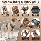 Produktdetails des braunen HAVERO Hundegeschirrs mit Easy-On-Clip, Reflektorstreifen, Y-Design, 600D Oxford Gewebe, UTX-Duraflex Wienerlock Schnallen, Atmungsaktiver Mesh Polsterung und Antizug-Ring