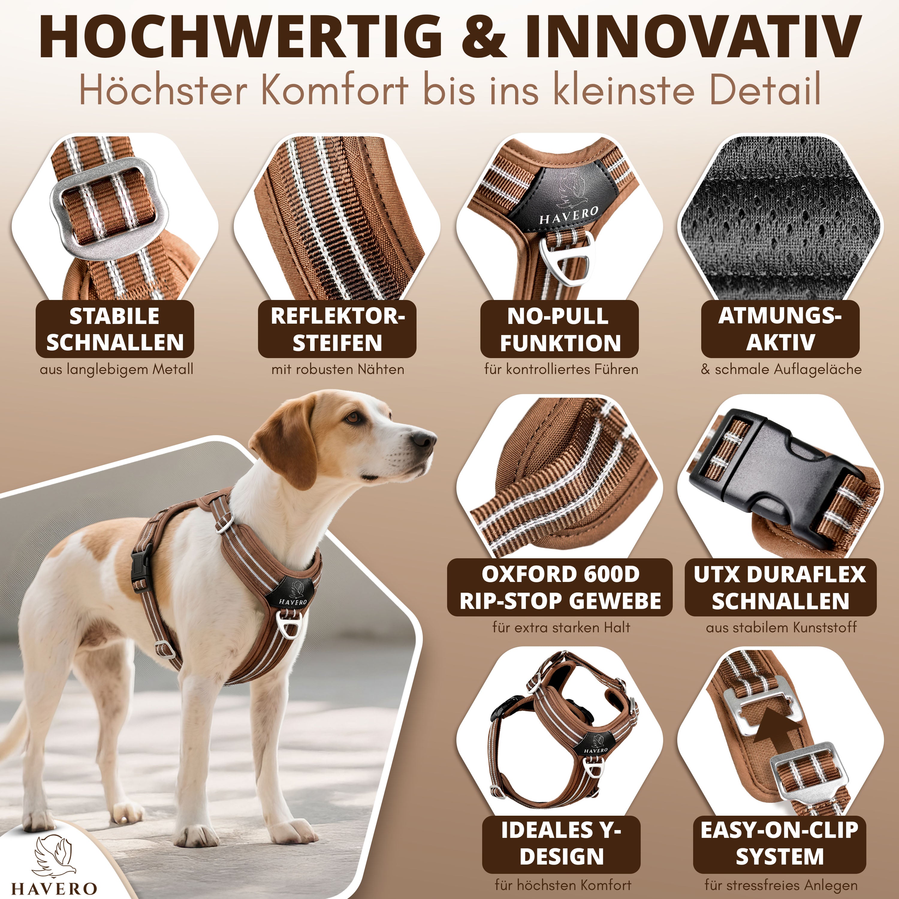 Produktdetails des braunen HAVERO Hundegeschirrs mit Easy-On-Clip, Reflektorstreifen, Y-Design, 600D Oxford Gewebe, UTX-Duraflex Wienerlock Schnallen, Atmungsaktiver Mesh Polsterung und Antizug-Ring