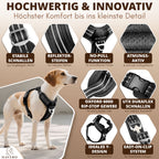Produktdetails des schwarzen HAVERO Hundegeschirrs mit Easy-On-Clip, Reflektorstreifen, Y-Design, 600D Oxford Gewebe, UTX-Duraflex Wienerlock Schnallen, Atmungsaktiver Mesh Polsterung und Antizug-Ring