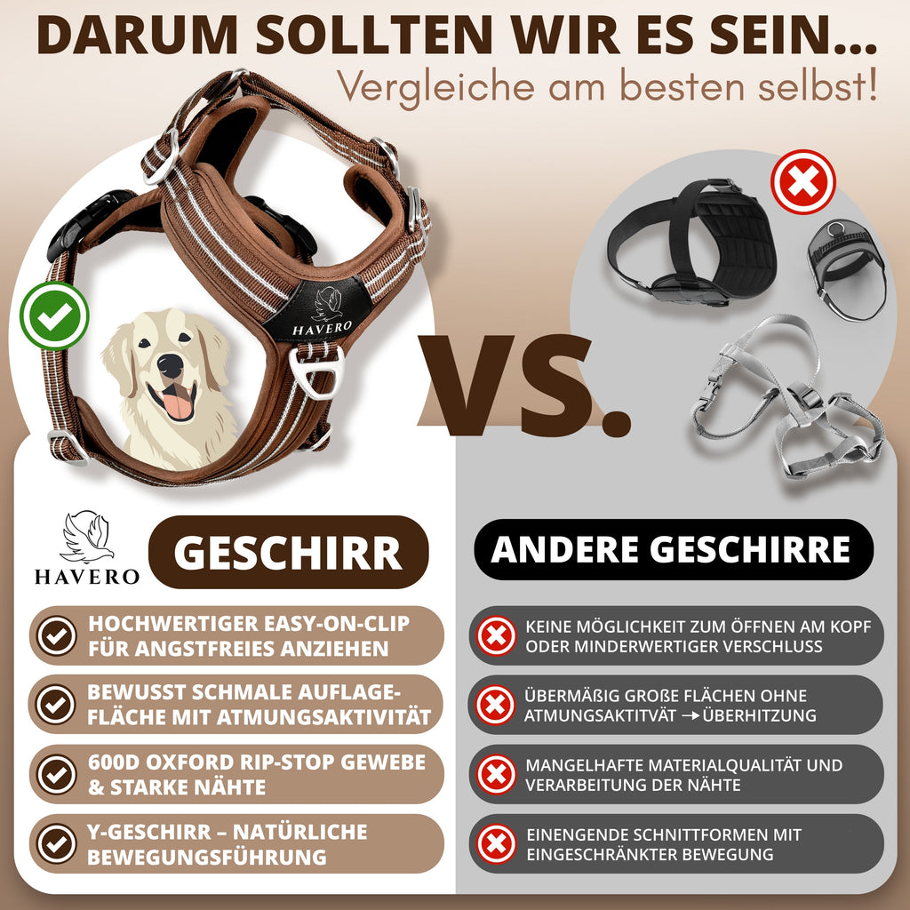 Vergleich des braunen HAVERO Y-Hundegeschirrs mit herkömmlichen Hundegeschirren