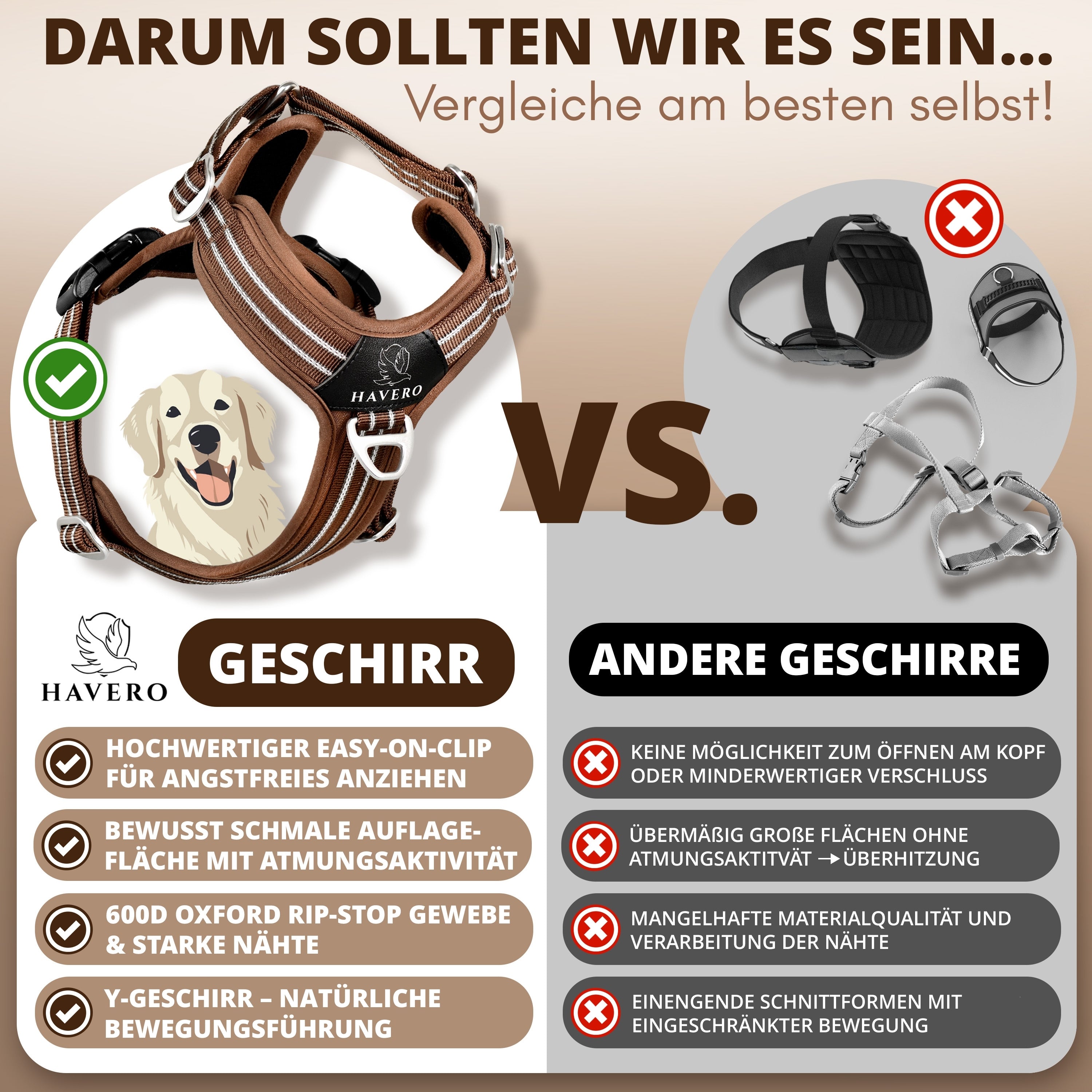 Vergleich des braunen HAVERO Y-Hundegeschirrs mit herkömmlichen Hundegeschirren