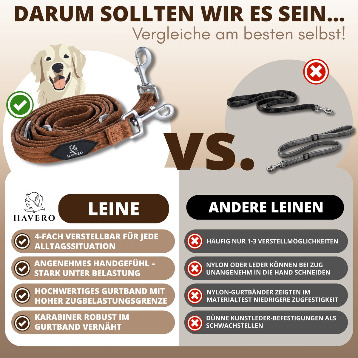 Vergleich der braunen HAVERO Hundeleine mit herkömmlichen Hundeleinen