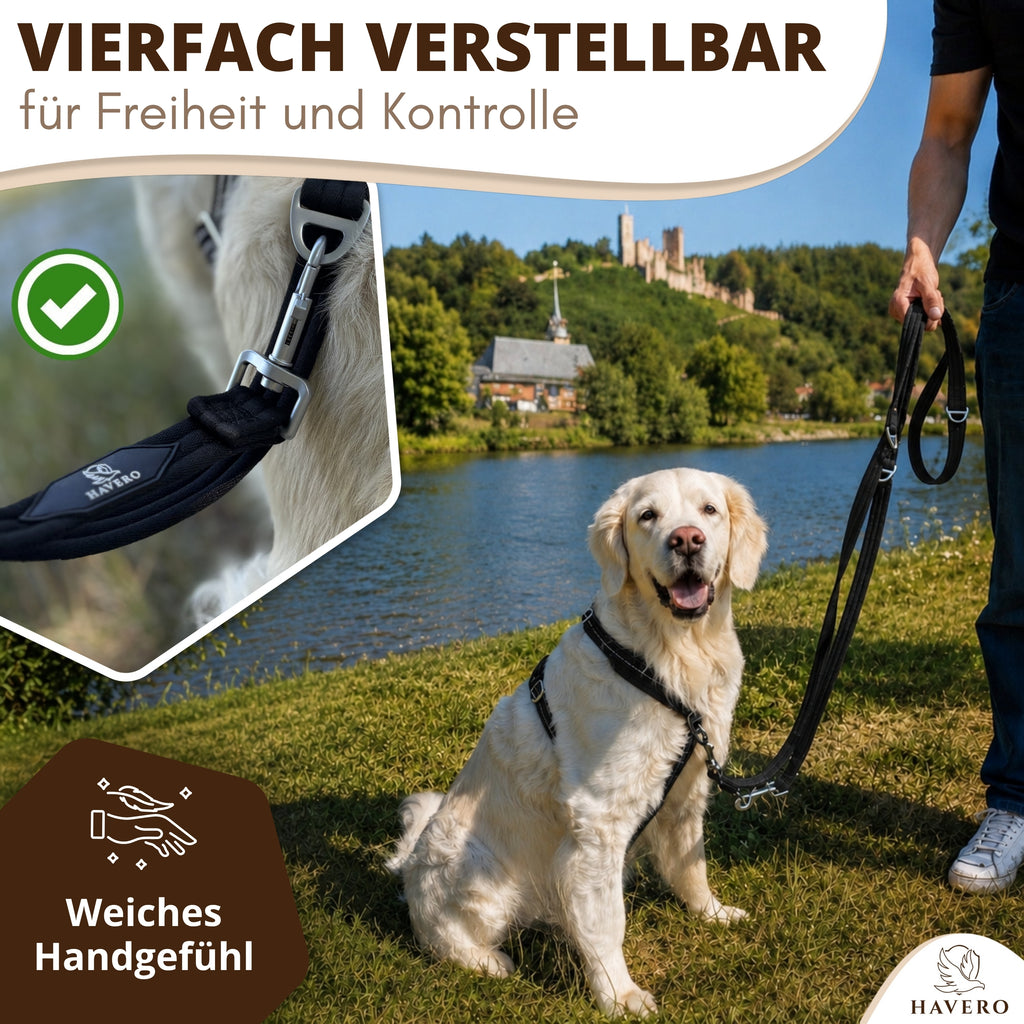 Vierfach verstellbare schwarze HAVERO Hundeleine mit weichem Handgefühl
