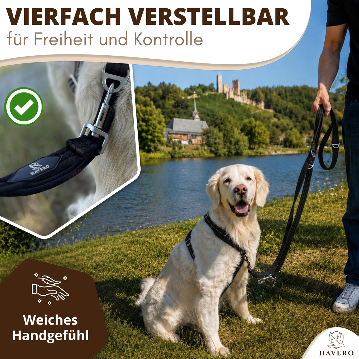 Vierfach verstellbare schwarze HAVERO Hundeleine mit weichem Handgefühl