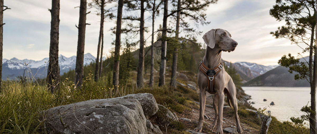 Weimaraner mit braunem HAVERO Hundegeschirr vor einer Bergkulisse mit See
