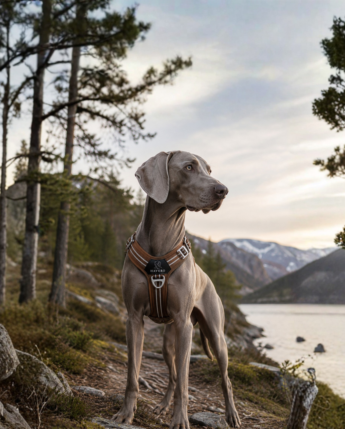 Weimaraner mit braunem HAVERO Hundegeschirr vor einer Bergkulisse mit See